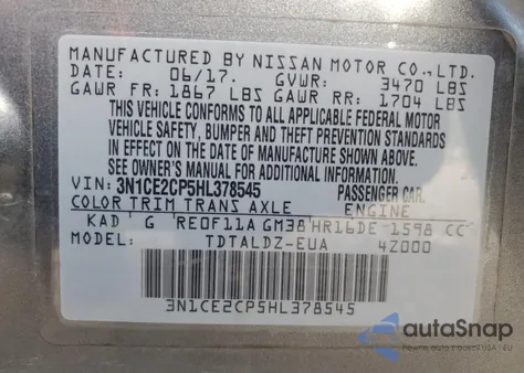 2017 Nissan Versa Note S from USA, damaged, VIN 3N1CE2CP5HL378545